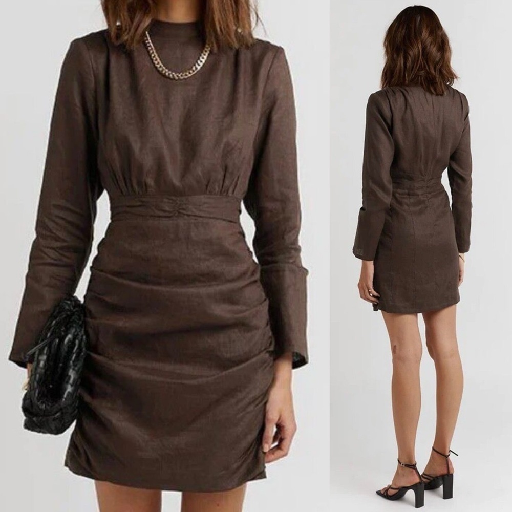 NEW! DISSH- Maya Dark Chocolate Linen Dress Size AU 8 / US Small Long Sleeve